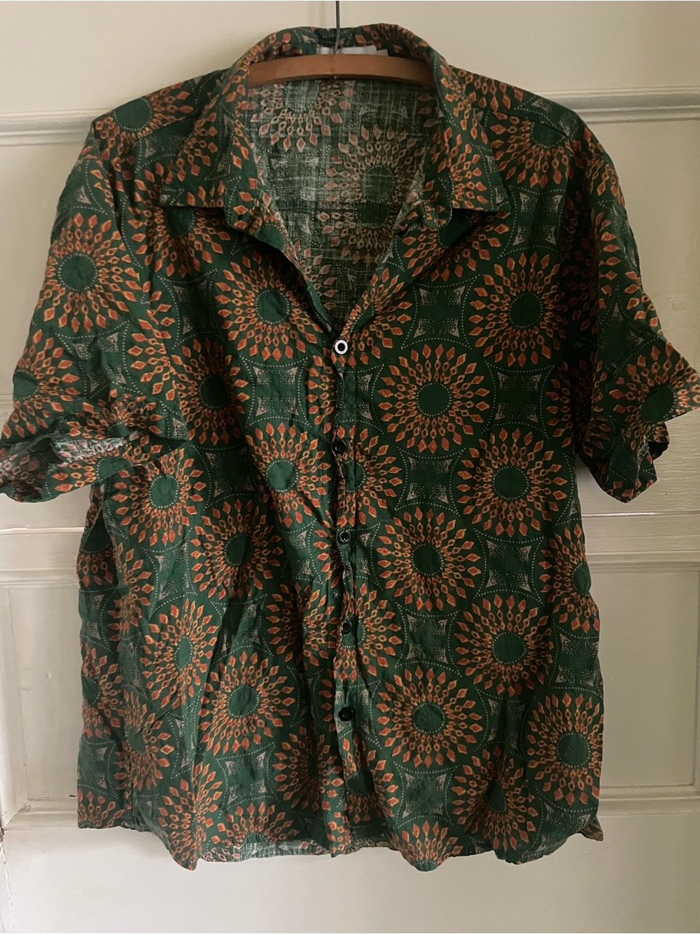 Men's Short-Sleeve Button Shirt - Green & Orange Boho
